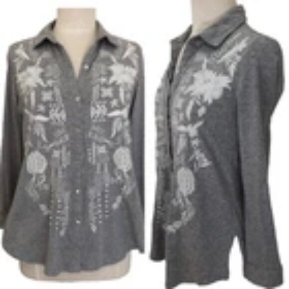 Soft Surroundings Women’s Grey Button Down Floral Embroidered Boho Shirt Sz 1X - Picture 2 of 8